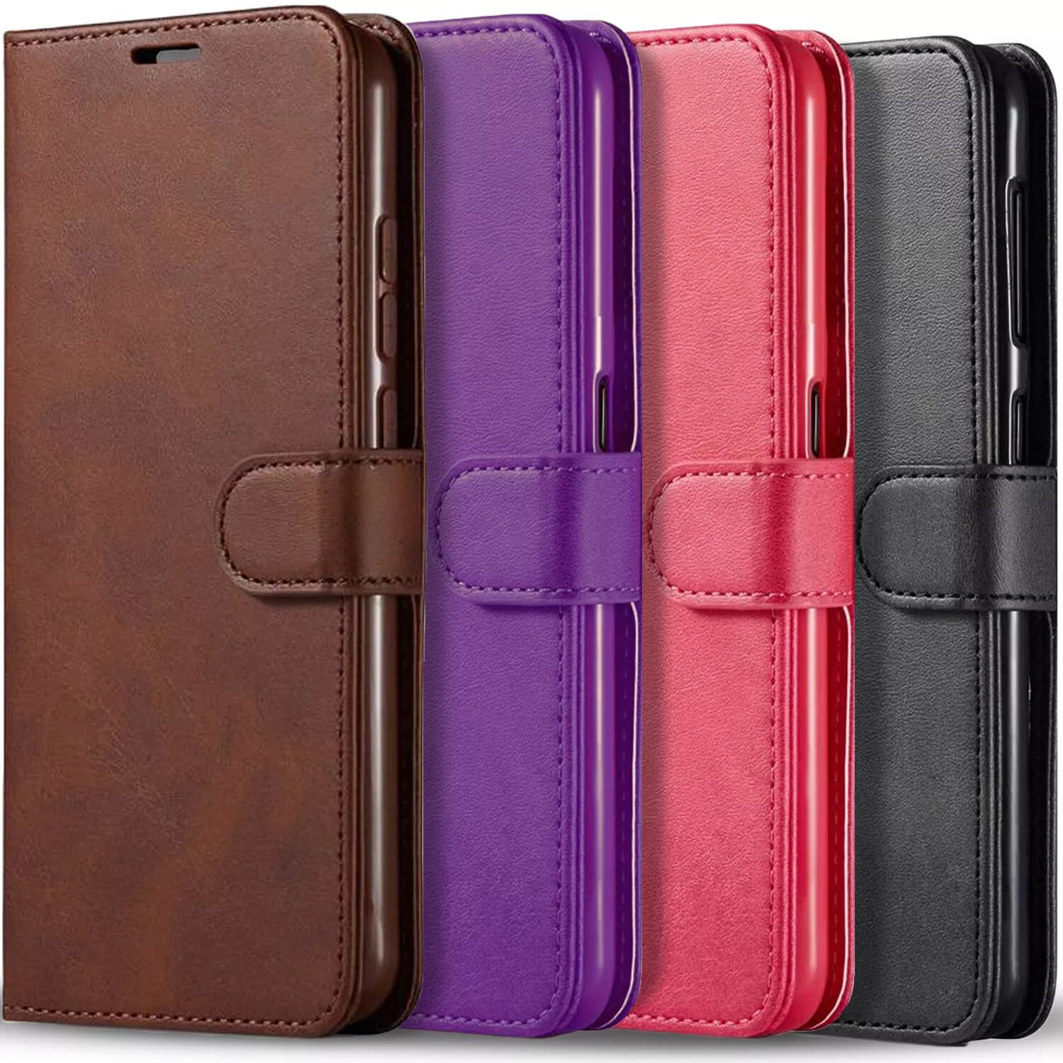 Brown, purple, red, and black leather flip phone cases with stitched edges and buckle straps for Samsung Galaxy models.
