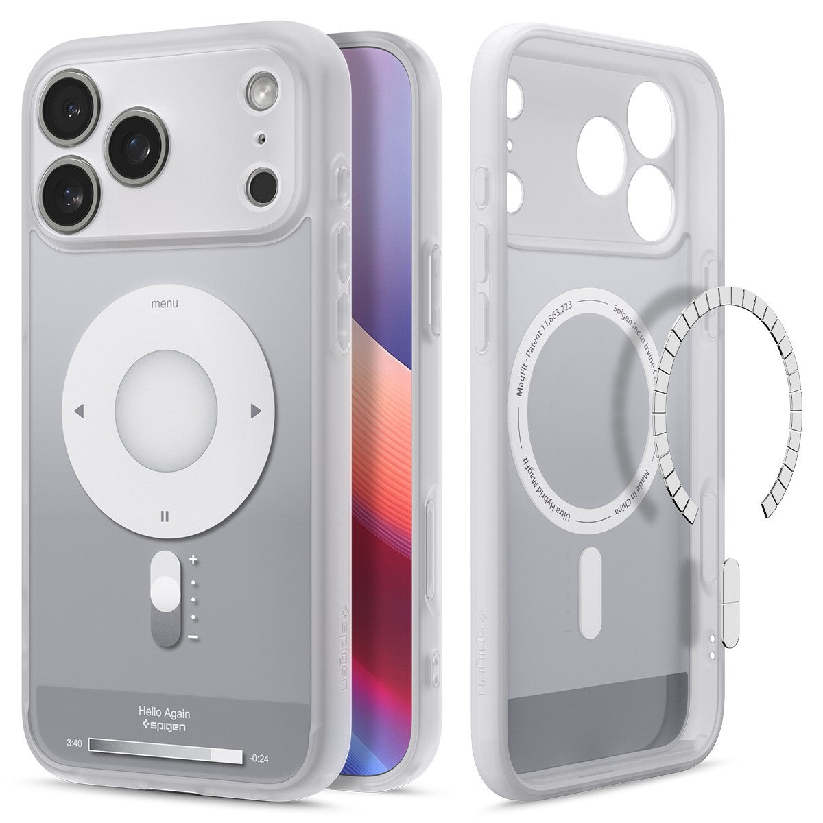 White Spigen Ultra Hybrid MagFit iPhone 17 Pro Max case with circular control panel and silver MagFit ring.