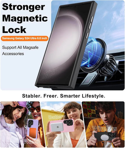Black frosted Samsung Galaxy S25 Ultra case with magnetic lock, supporting MagSafe accessories and wireless charging.