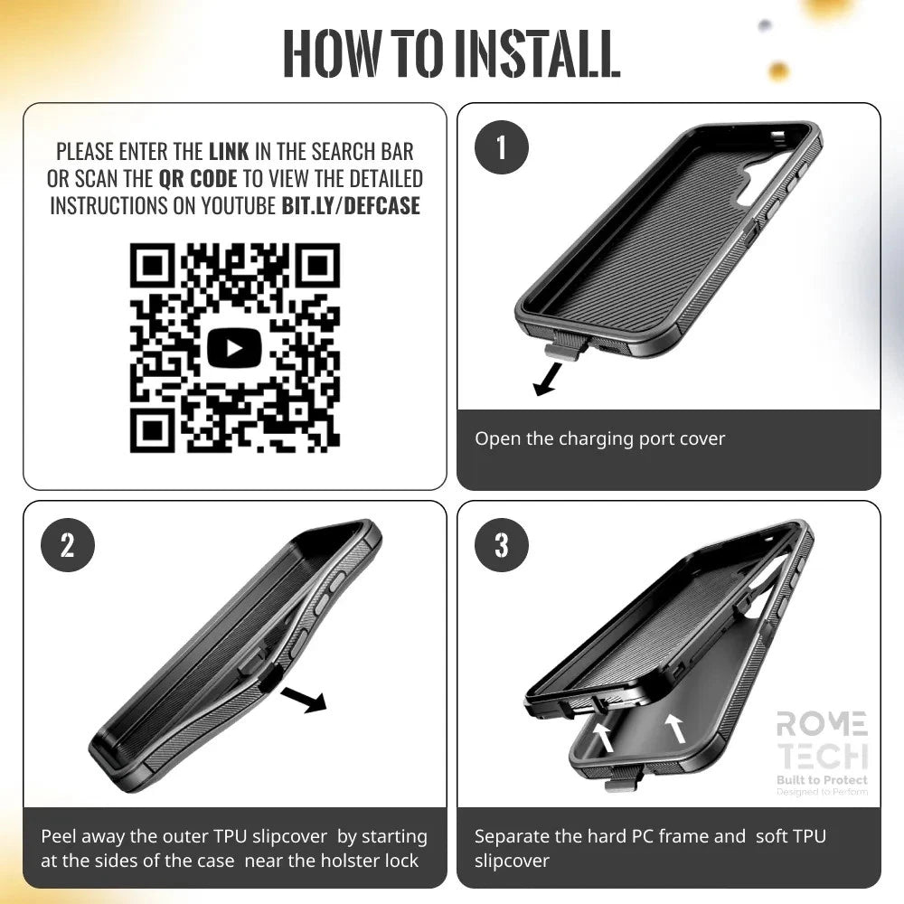 Black Rome Tech iPhone 17 Pro Max case installation guide with QR code, charging port cover, and hard PC frame separation.