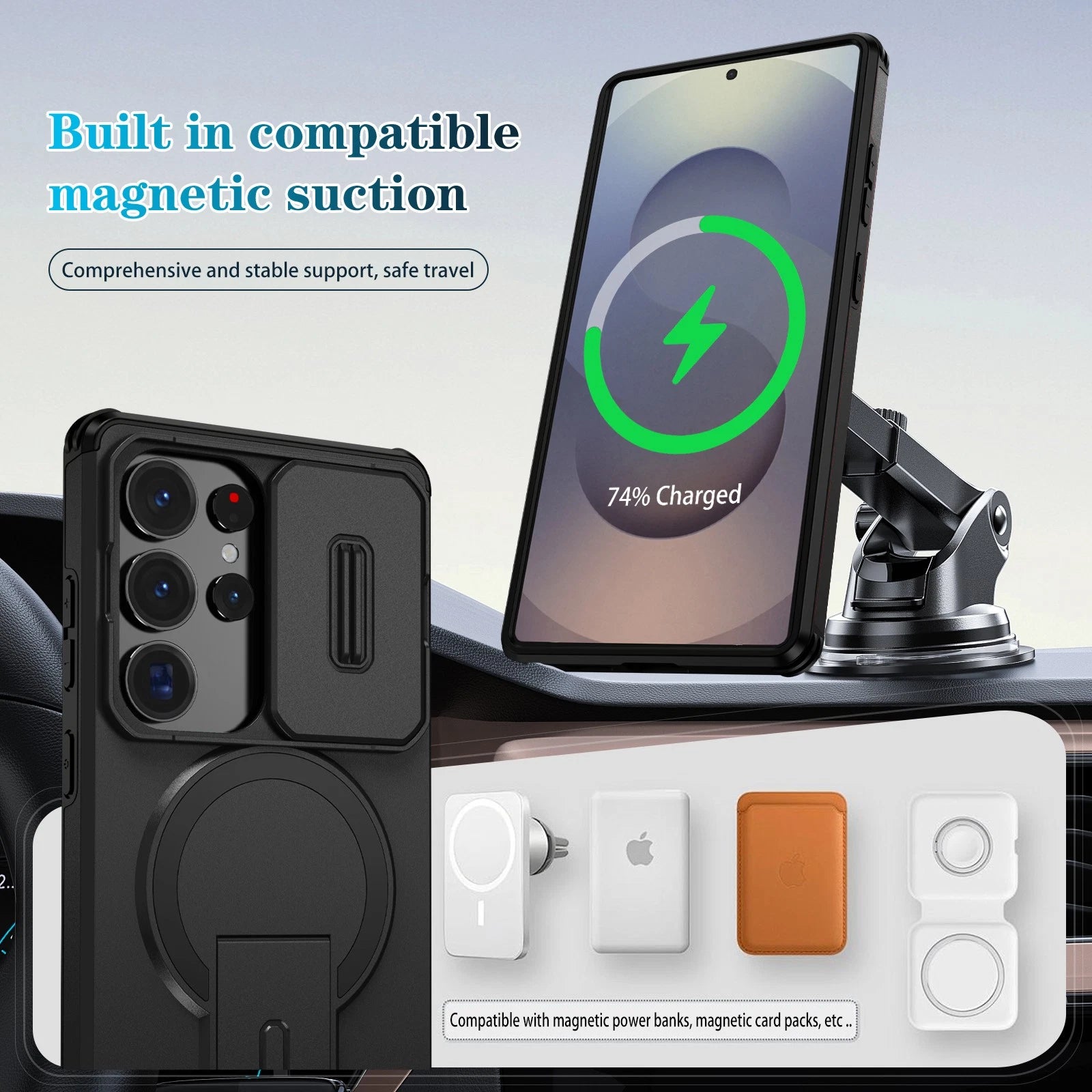 For Samsung Galaxy S25FE S24 S25 Ultra Shockproof Mag Safe Stand Slide Lens Case