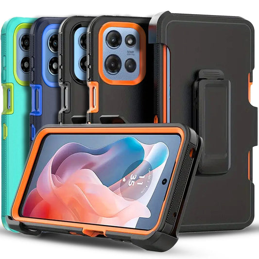 Moto G 2025 cases in black, teal, blue, orange, with screen protector and kickstand.