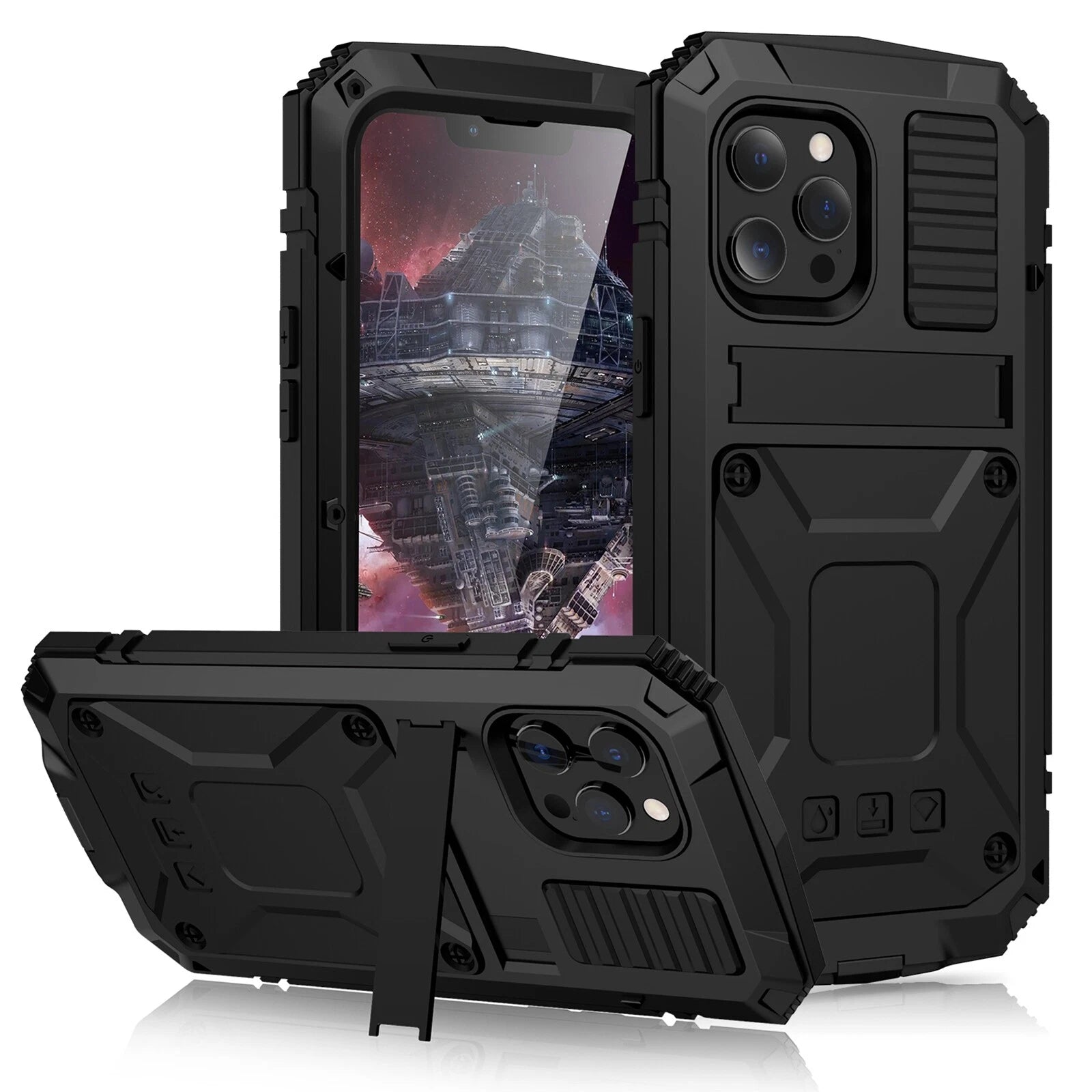 Heavy Duty Armor Metal Screen Glass Stand Case for iPhone 17 Pro Max 16 15 14 13