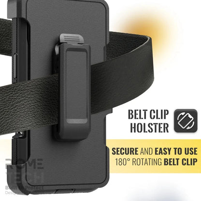 Black rugged iPhone case with belt clip holster, textured grip, and yellow “Secure and Easy to Use” label.