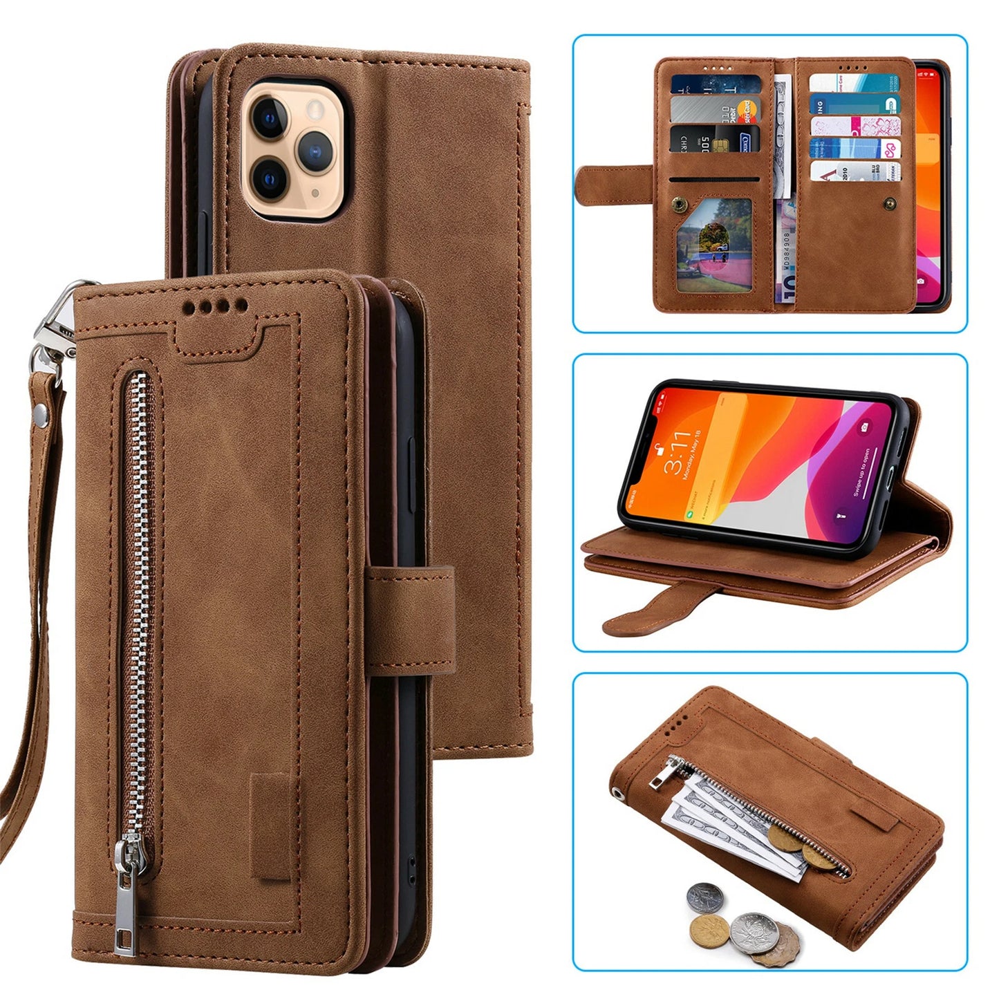 Zipper Leather Wallet Case For iPhone 16 15 17 Pro Max 14 13 12 11 Flip Cover