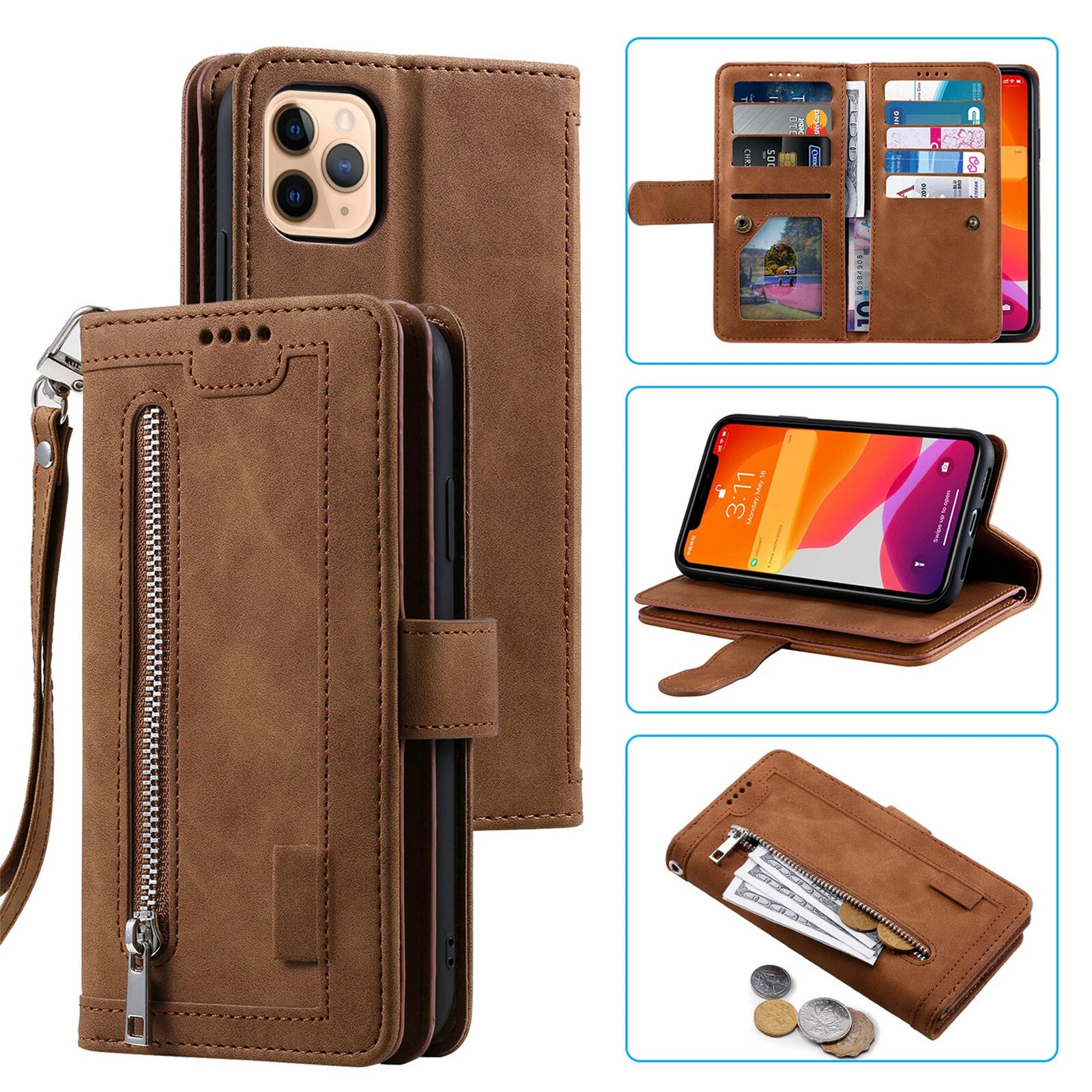 Zipper Leather Wallet Case For iPhone 16 15 17 Pro Max 14 13 12 11 Flip Cover