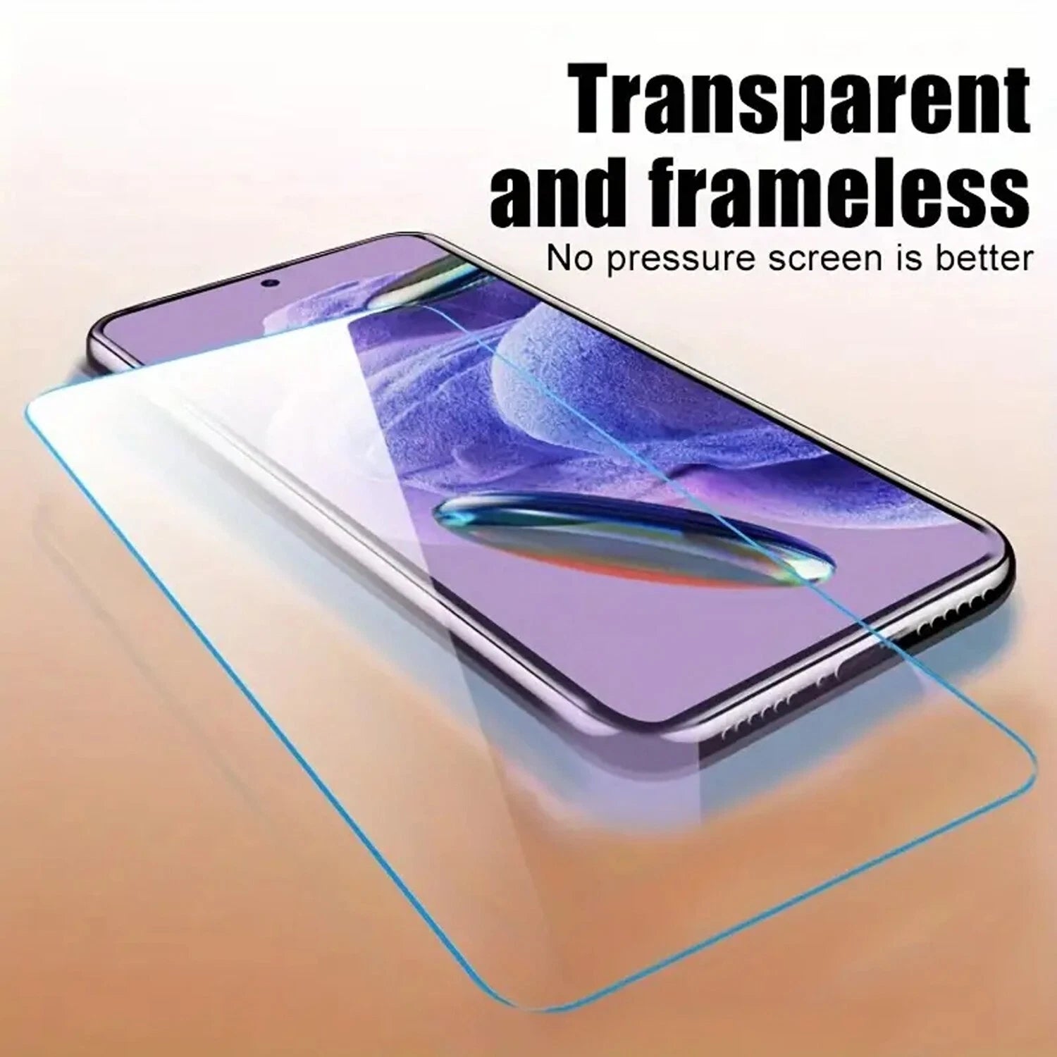 Clear frameless screen protector on Moto G 2025 with purple abstract wallpaper and text ���Transparent and framele