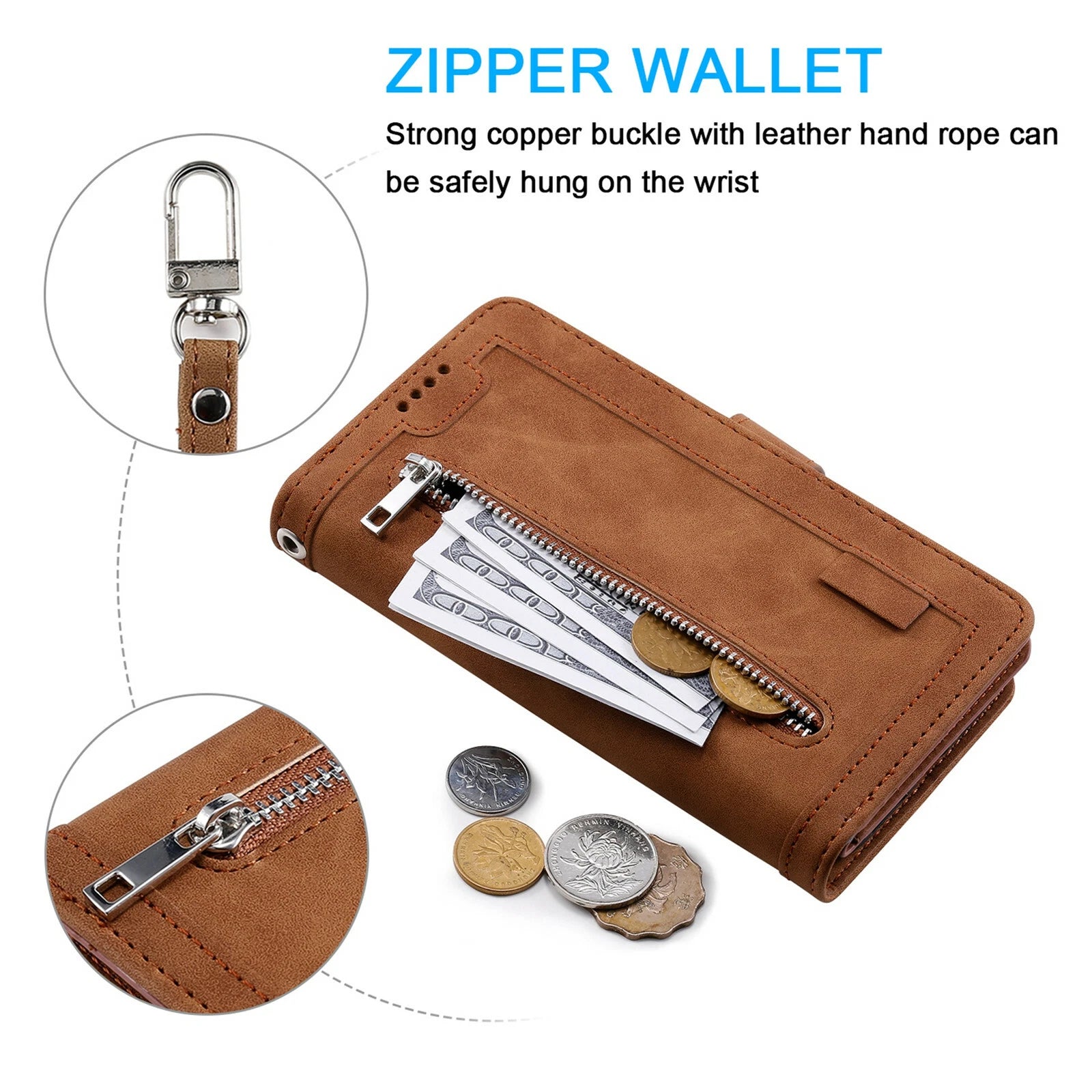 Zipper Leather Wallet Case For iPhone 16 15 17 Pro Max 14 13 12 11 Flip Cover