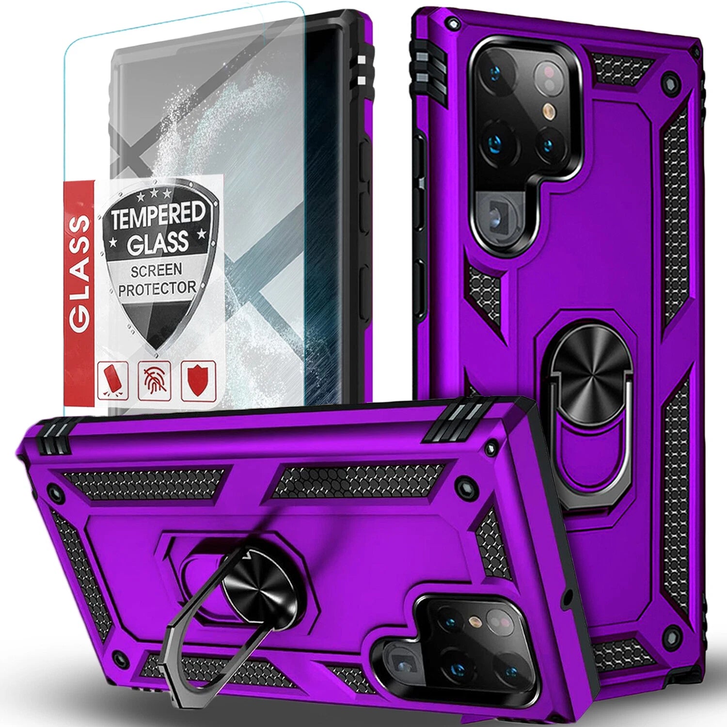 Purple Samsung Galaxy S25 Ultra case with black accents, circular stand, and tempered glass screen protector.
