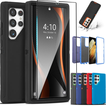 Black Samsung Galaxy S25 Ultra case with clear screen protector, textured grip, and available in blue, red, and green.