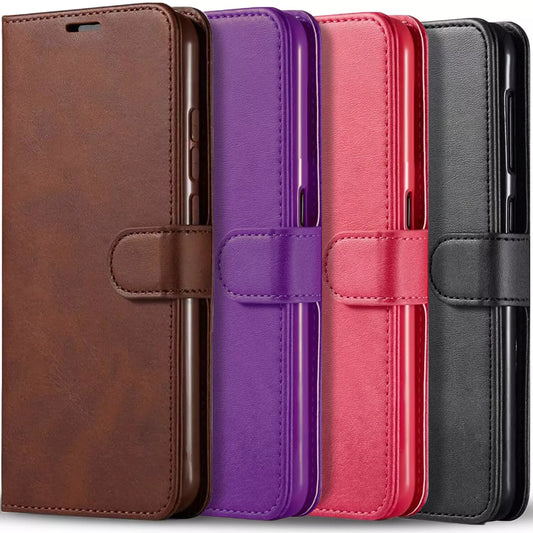 Brown, purple, red, and black leather flip phone cases with stitched edges and buckle straps for Samsung Galaxy models.