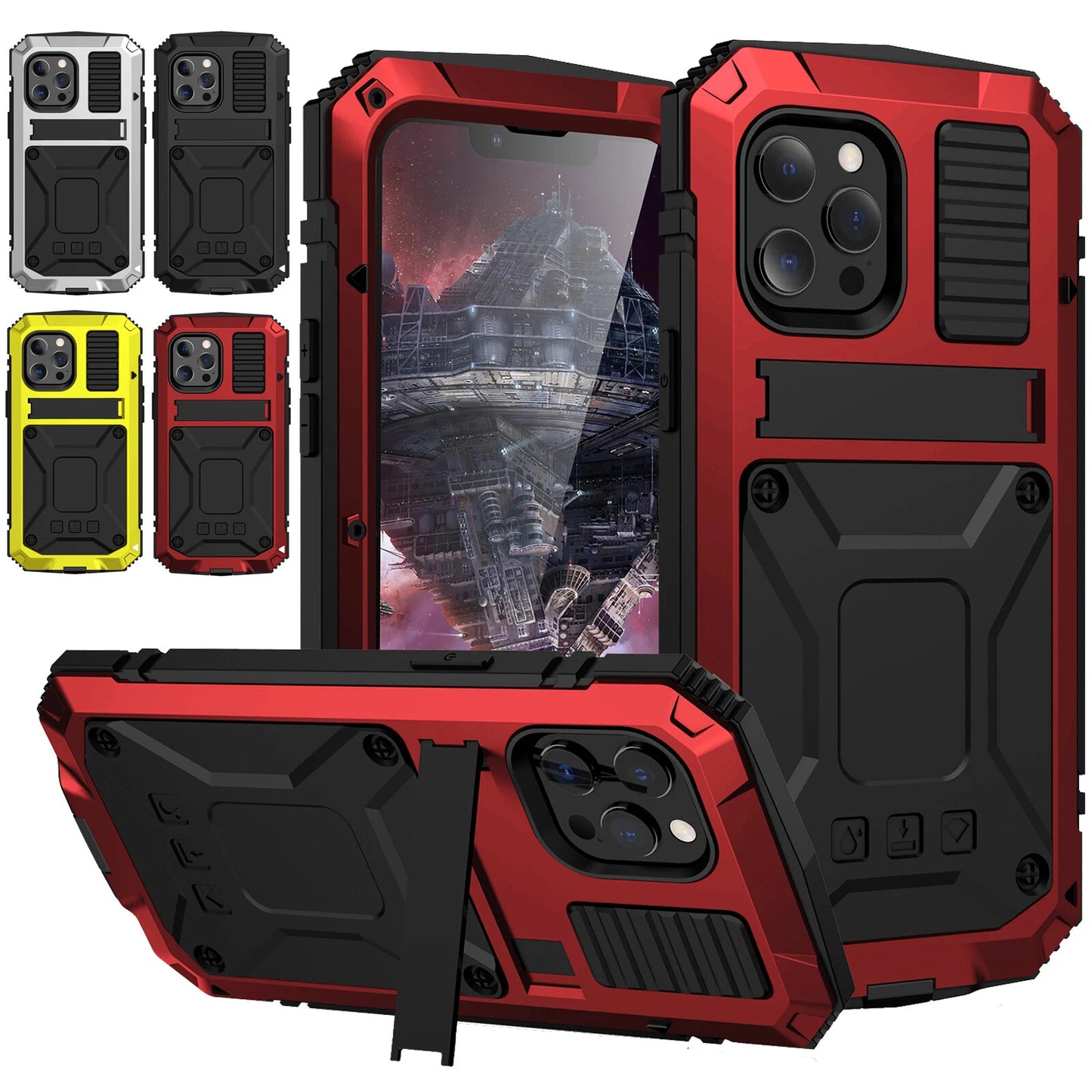 Heavy Duty Armor Metal Screen Glass Stand Case for iPhone 17 Pro Max 16 15 14 13