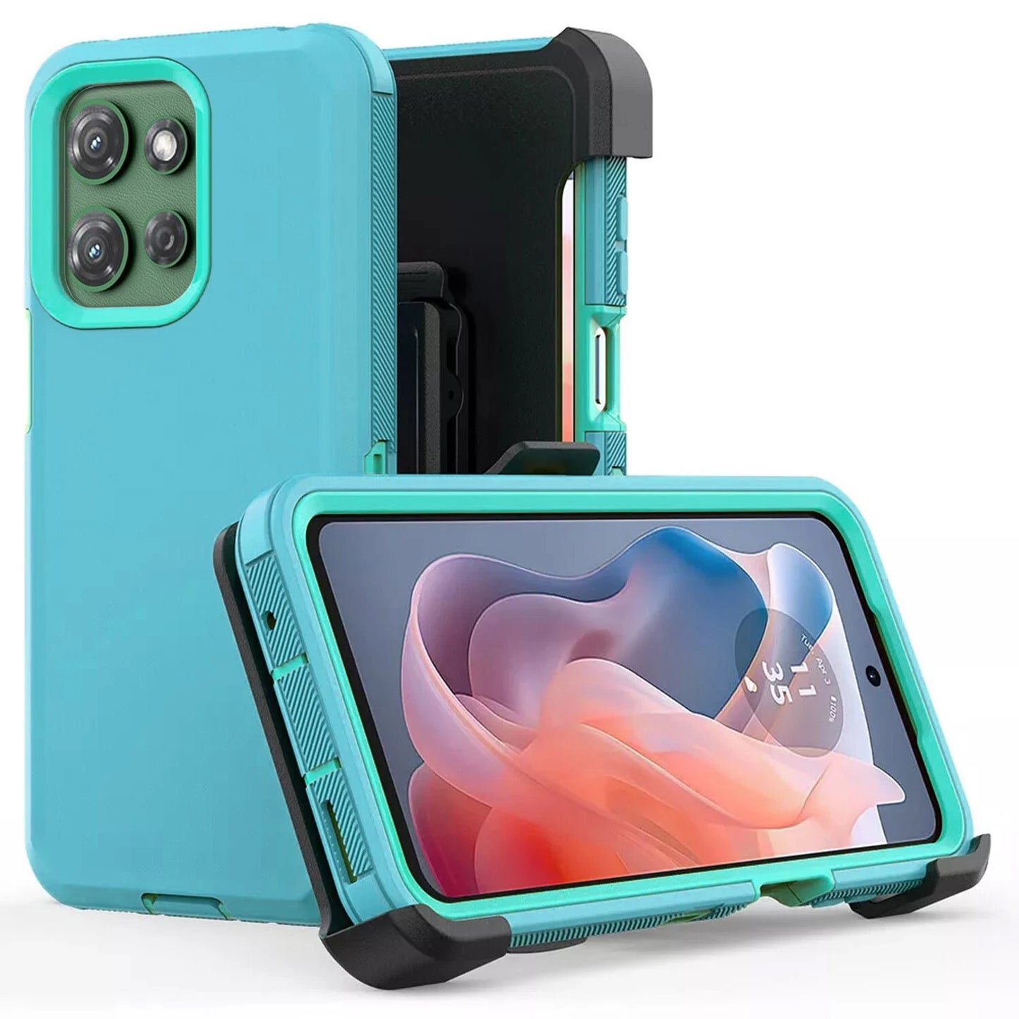 Turquoise and black heavy-duty phone case with textured grip, camera cutout, and screen protector for Moto G 2025.