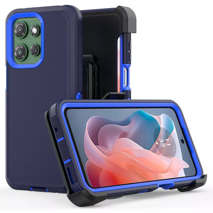 Navy and blue rugged phone case with black trim for Moto G 2025, featuring camera cutout and screen protector compatibility.