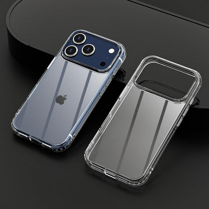 Clear shockproof slim rugged bumper case with camera cutout and Apple logo for iPhone 17 Pro Max on black background.