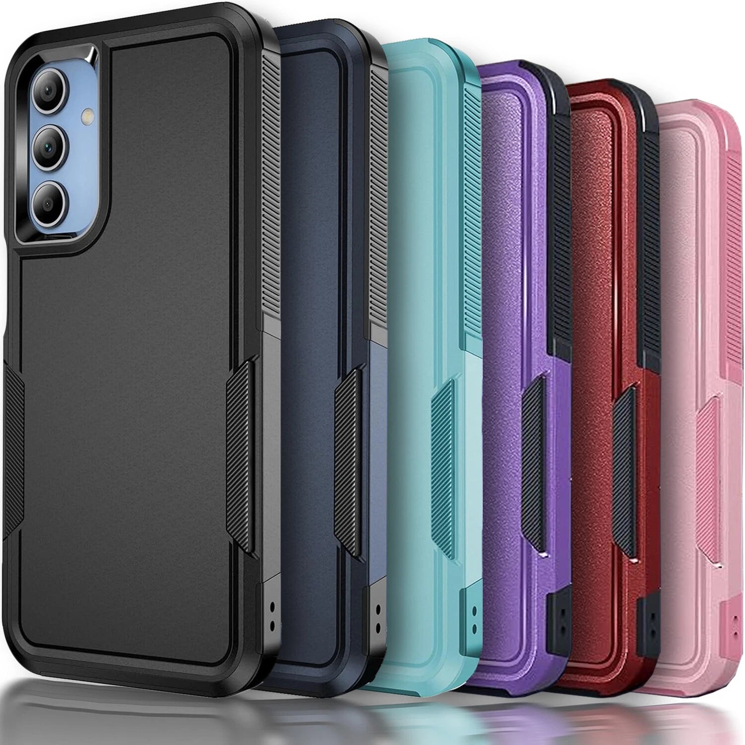 Black, navy, teal, purple, red, and pink Samsung Galaxy A16 5G cases with textured edges and camera cutout.
