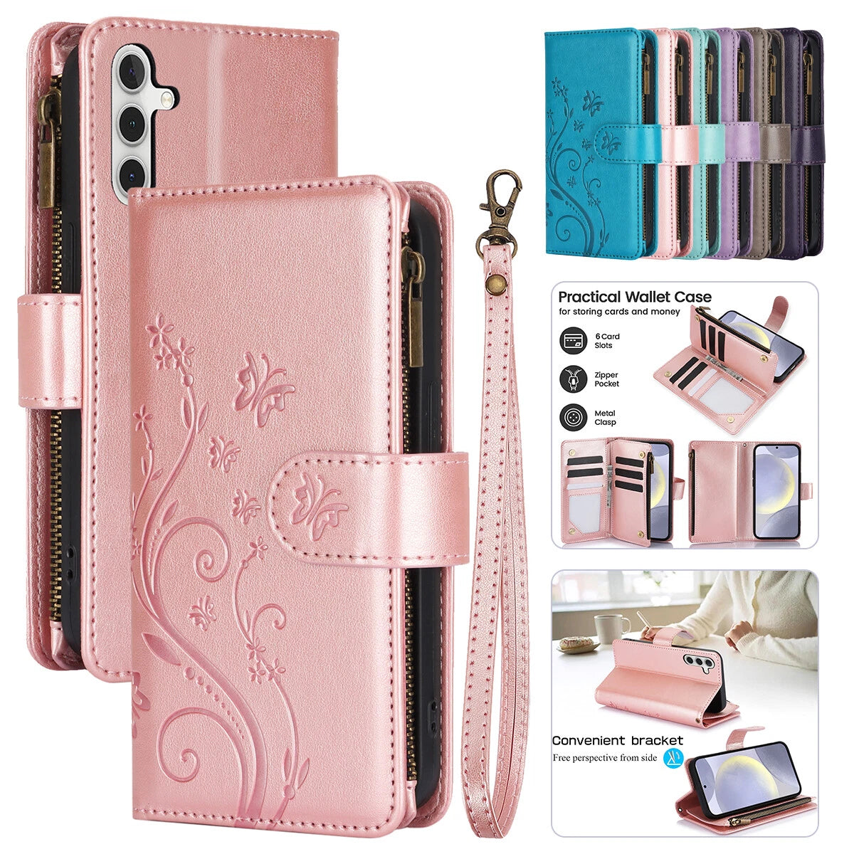 Leather Zipper Wallet Phone Case For Samsung Galaxy S25 S24 Ultra S23 S22 S21 FE