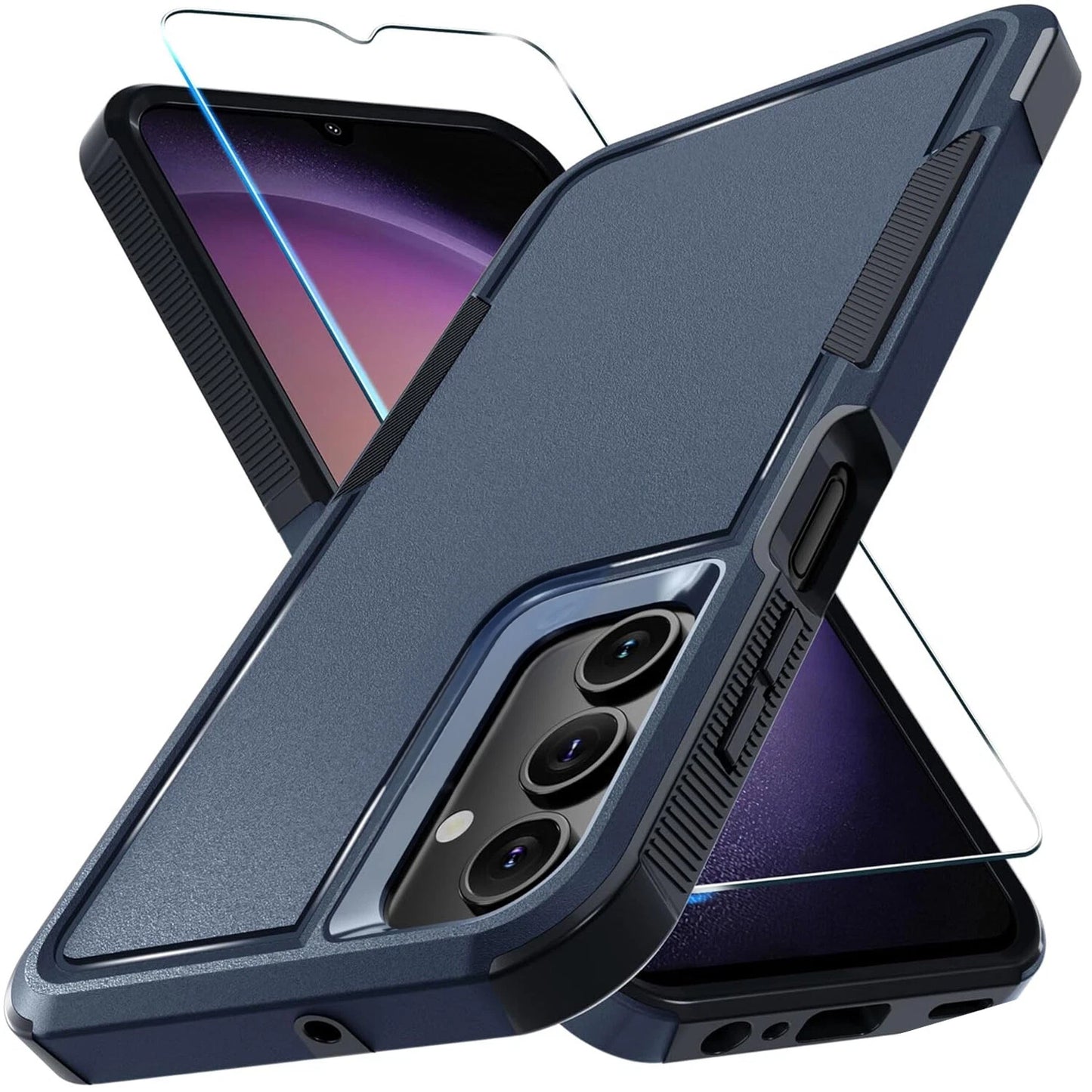 Navy blue Samsung Galaxy A16 5G case with textured grip, camera cutout, and clear screen protector.