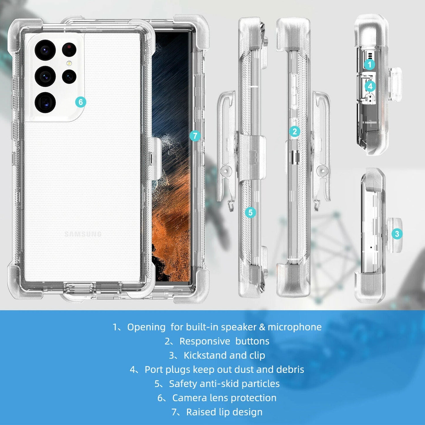 For Samsung Galaxy S25 S24 S23S22+ Ultra Shockproof Heavy Duty Clear Case + Clip