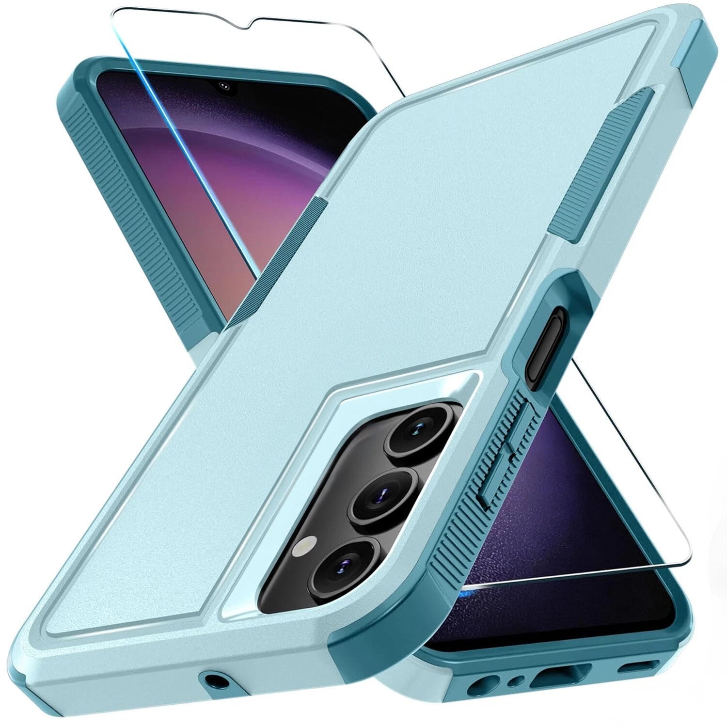 Light blue Samsung Galaxy A16 5G case with textured edges, screen protector, and triple rear camera cutout.