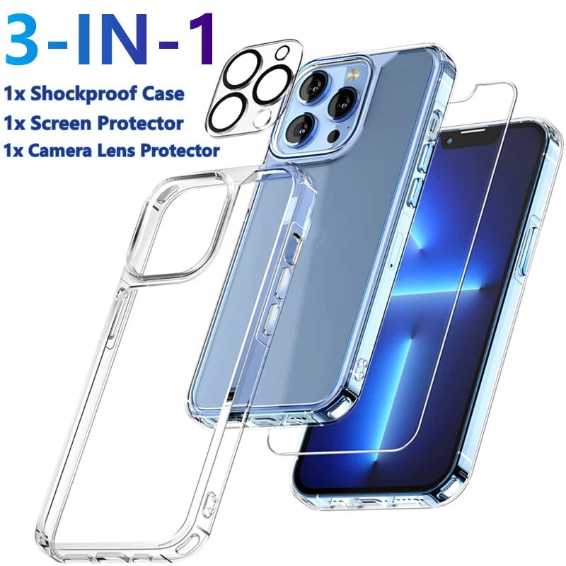 For iPhone 17 16 15 14 13 Pro Max Shockproof Case &Screen Protector & Camera Len