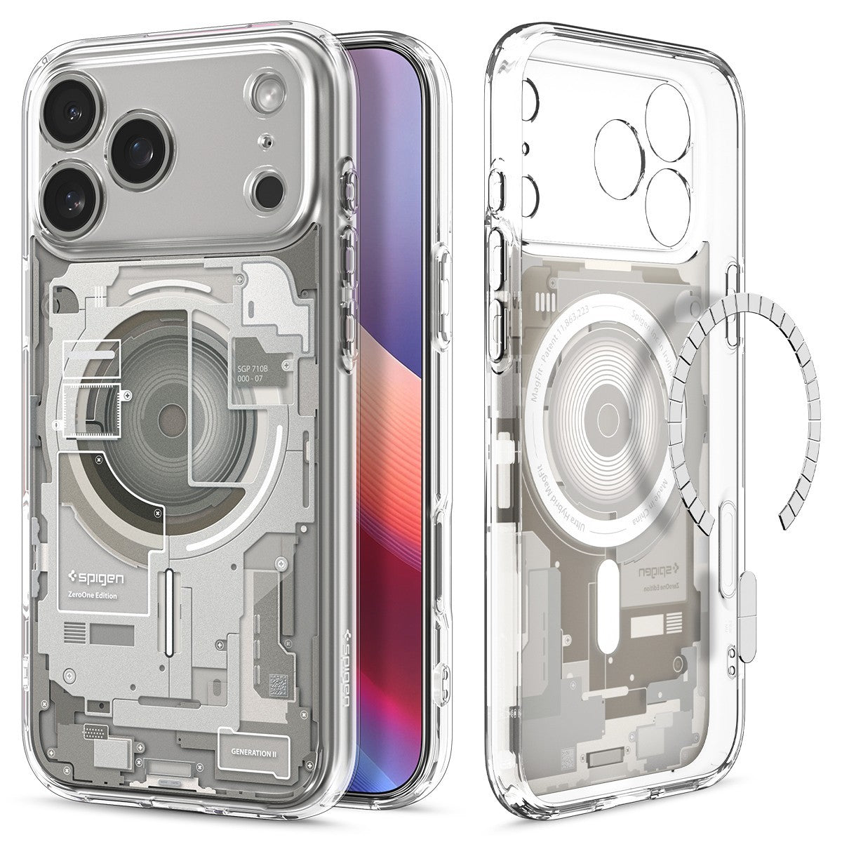 Clear Spigen Ultra Hybrid MagFit iPhone 17 Pro Max/Pro case with transparent back showing internal camera and circuitry.