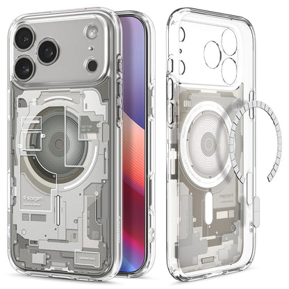 Clear Spigen Ultra Hybrid MagFit iPhone 17 Pro Max/Pro case with transparent back showing internal camera and circuitry.