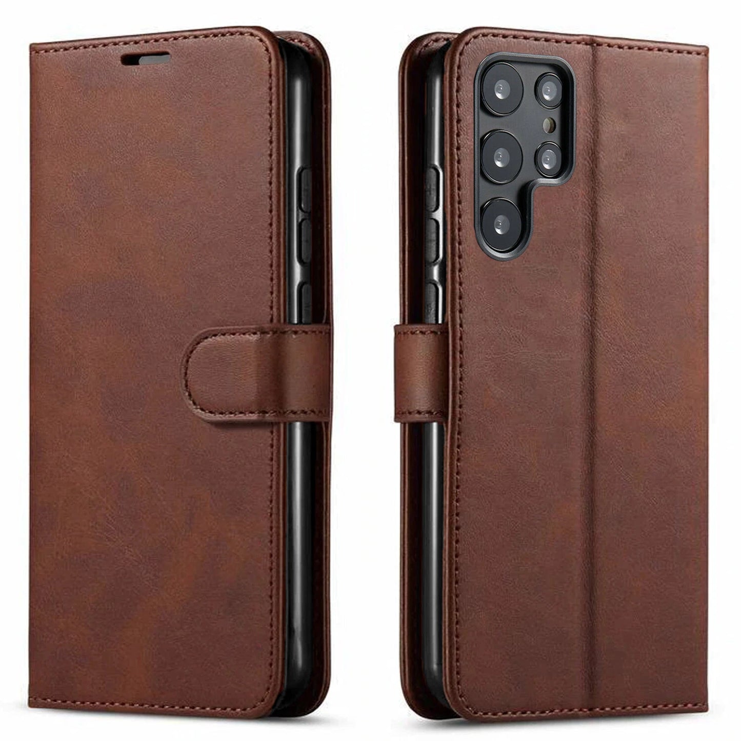 Brown leather Samsung Galaxy S25 Ultra case with flip cover, strap, and camera cutout.