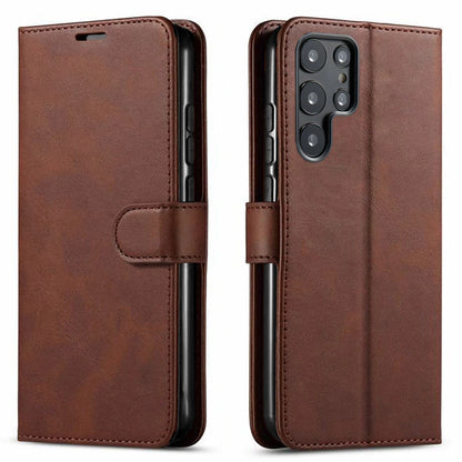 Brown leather Samsung Galaxy S25 Ultra case with flip cover, strap, and camera cutout.