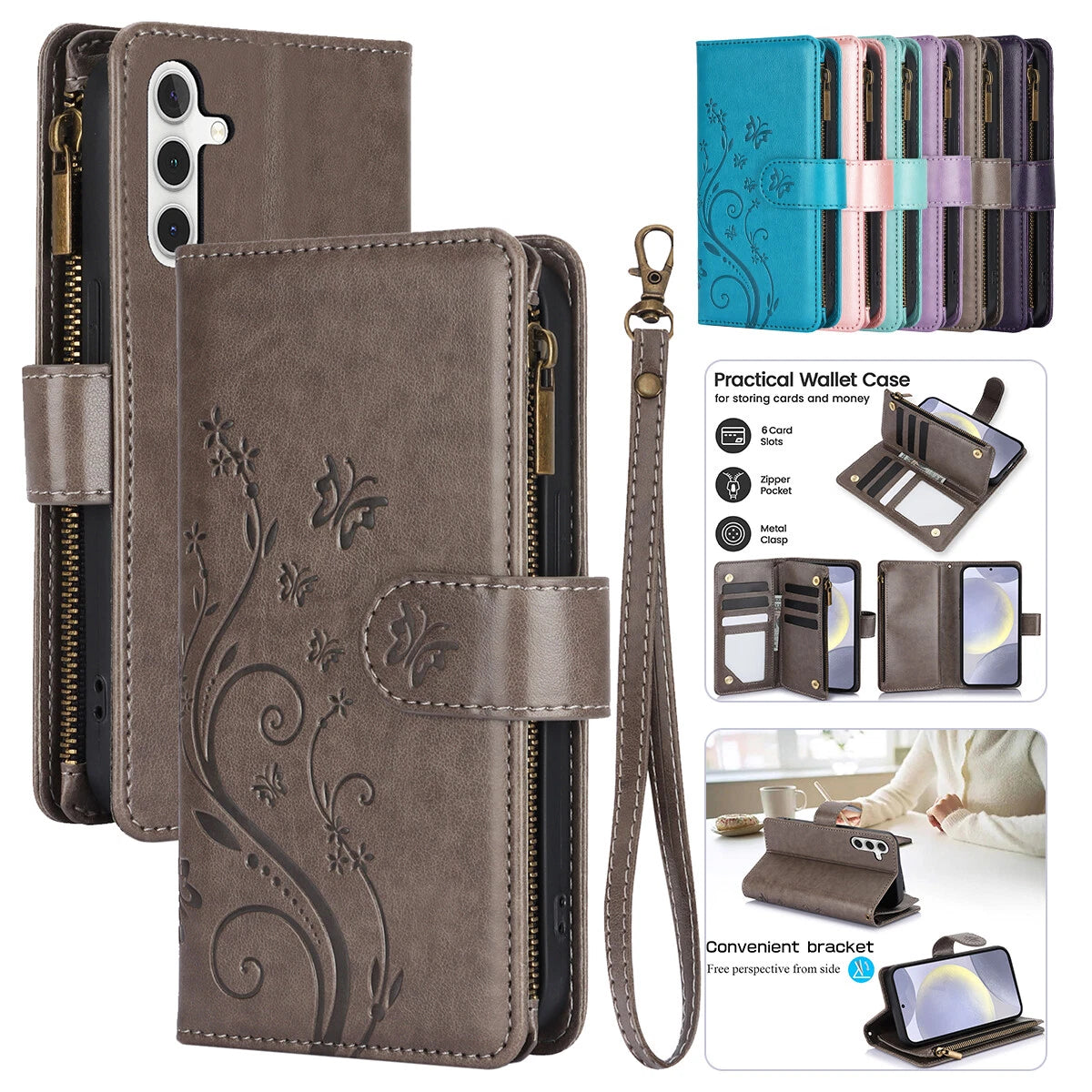 Leather Zipper Wallet Phone Case For Samsung Galaxy S25 S24 Ultra S23 S22 S21 FE