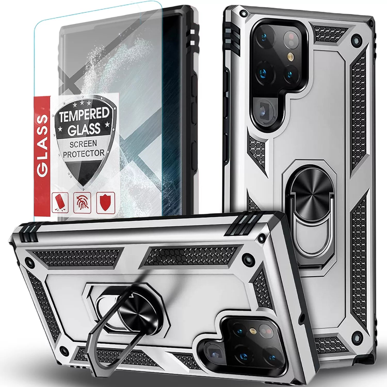 Silver and black Samsung Galaxy S25 Ultra case with textured grip, circular stand, and tempered glass screen protector.