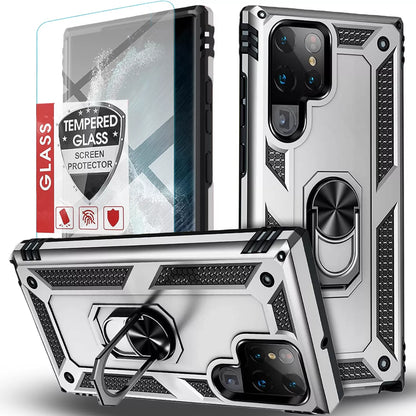 Silver and black Samsung Galaxy S25 Ultra case with textured grip, circular stand, and tempered glass screen protector.