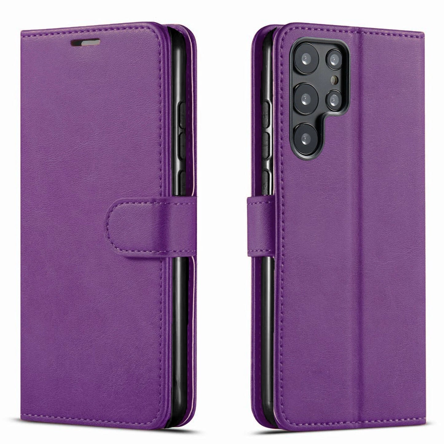 Purple leather Samsung Galaxy case with flip cover, stitched edges, and camera cutout for S25 Ultra, S24, S23, FE, S22, S21, S20.