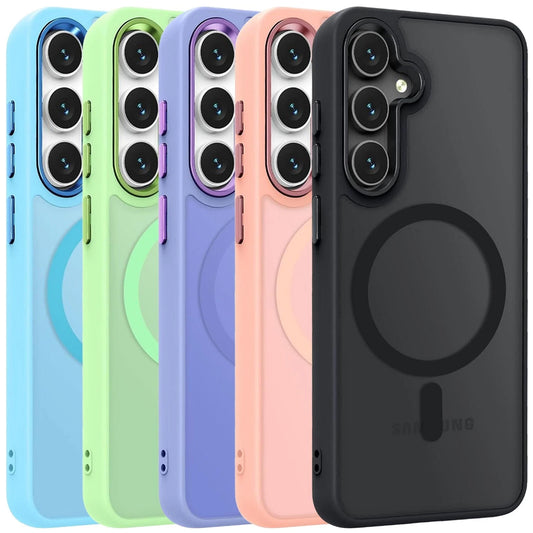 Five Samsung Galaxy S24 FE phone cases in blue, mint green, lavender, peach, and black with magnetic circular design.