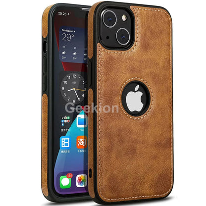 Luxury Vintage Leather Shockproof iPhone 17 16e 15 14 Pro Max Case with Drop Protection - Slim Brown Cover