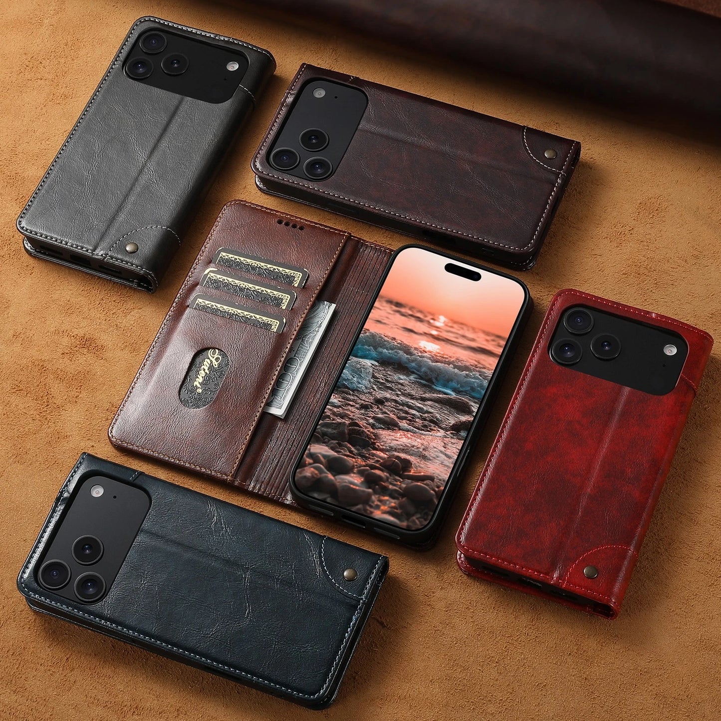 Retro PU Leather Flip Wallet Case Cover For iPhone 17 Pro Max 16 15 14 13 12 11