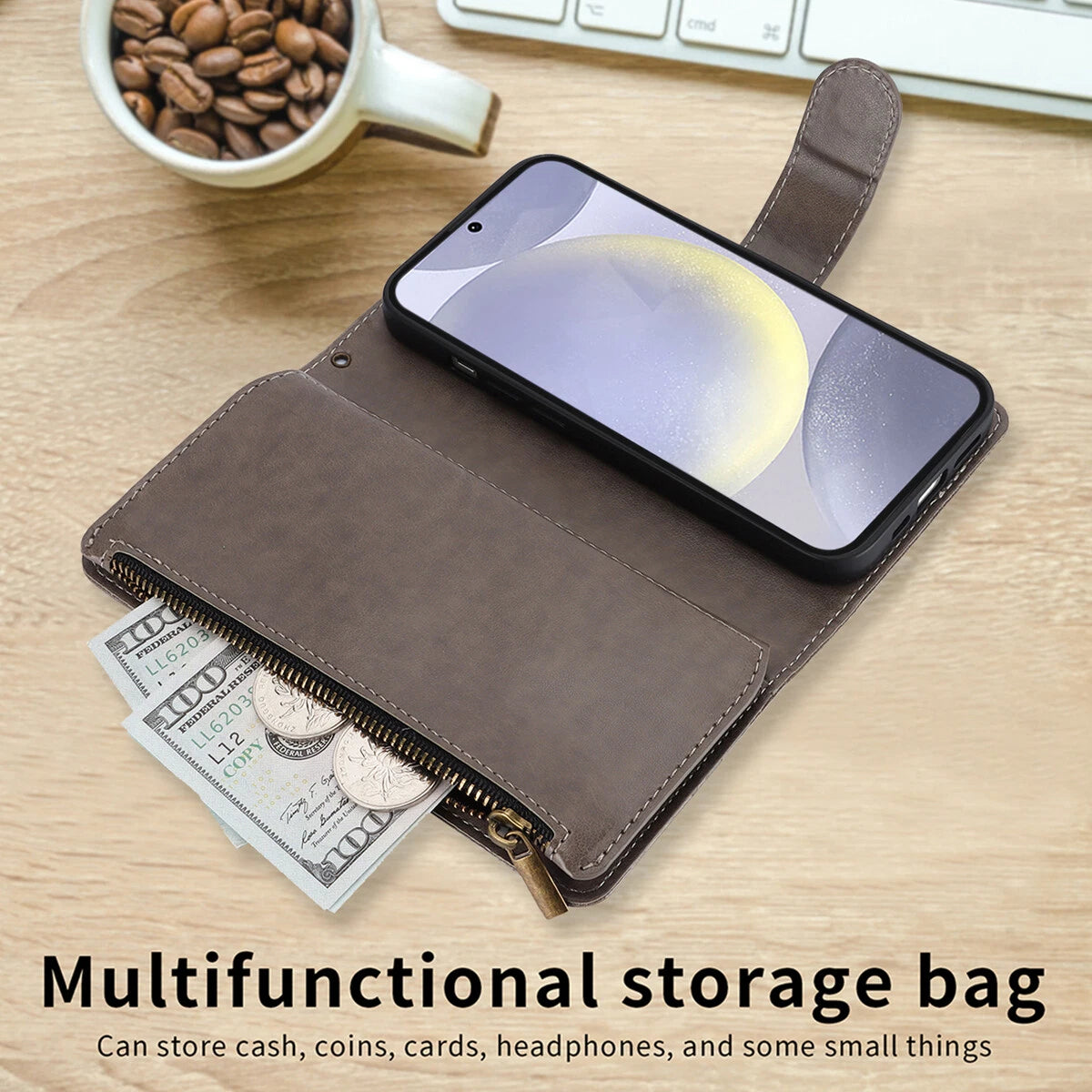 Leather Zipper Wallet Phone Case For Samsung Galaxy S25 S24 Ultra S23 S22 S21 FE