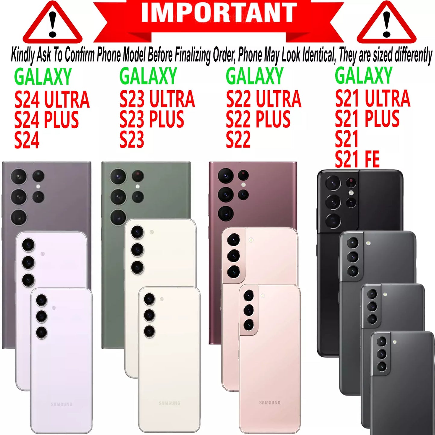 Samsung Galaxy S24 Ultra, S23 Ultra, S22 Ultra, S21 Ultra, S24 Plus, S23 Plus, S22 Plus, S21 FE in various colors.