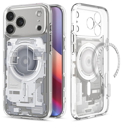 Clear Spigen Ultra Hybrid MagFit iPhone 17 Pro Max/Pro case with transparent back showing internal camera and circuitry.