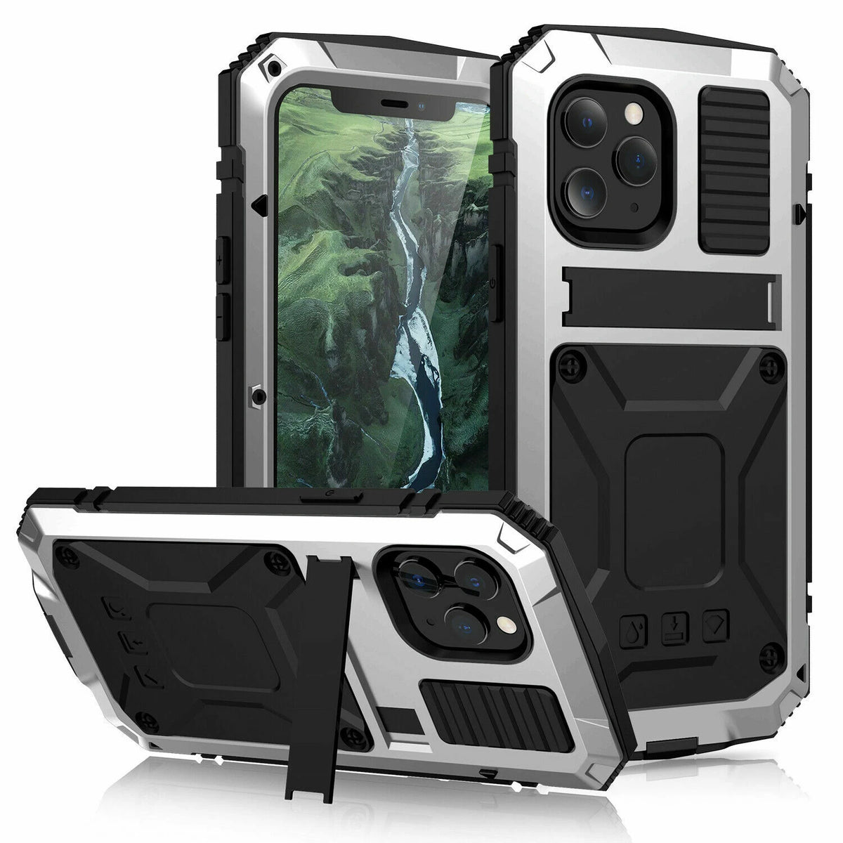 Heavy Duty Armor Metal Screen Glass Stand Case for iPhone 17 Pro Max 16 15 14 13