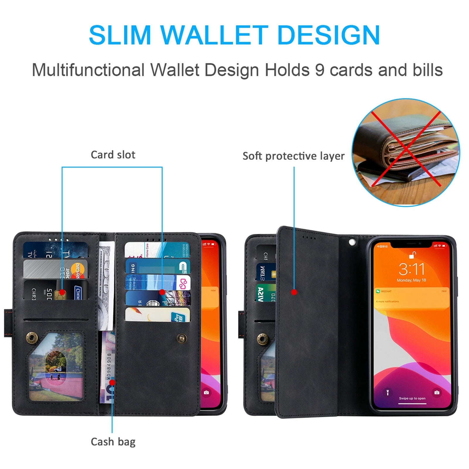 Zipper Leather Wallet Case For iPhone 16 15 17 Pro Max 14 13 12 11 Flip Cover