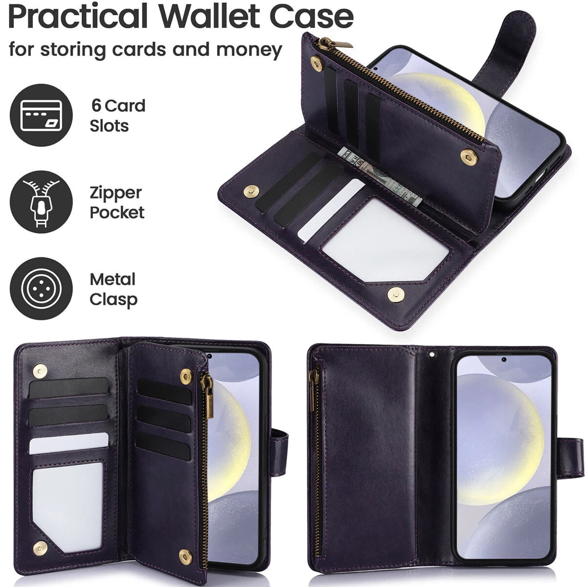 Leather Zipper Wallet Phone Case For Samsung Galaxy S25 S24 Ultra S23 S22 S21 FE