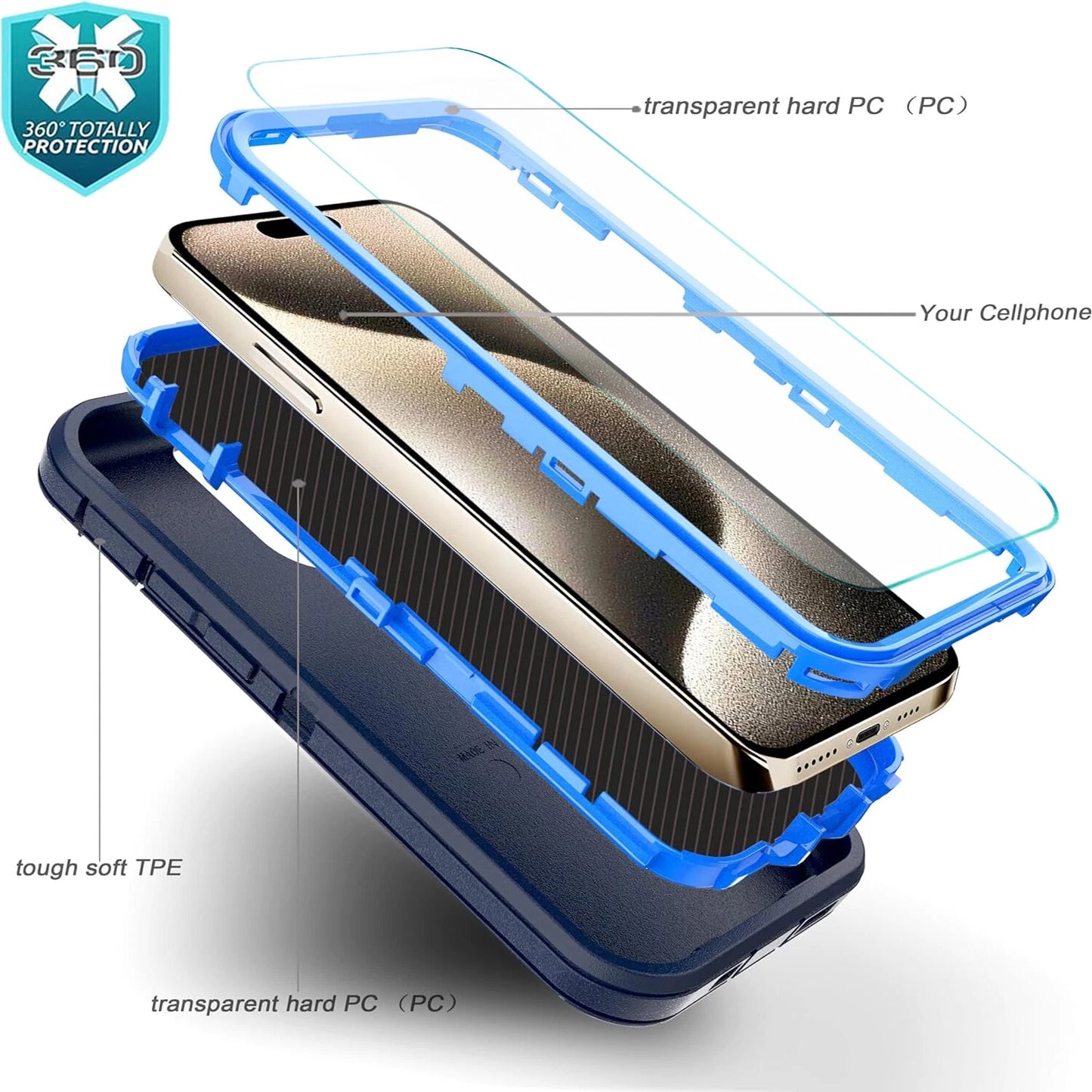 For iPhone 16 Pro Max Case 15 14 13 Phone Cover Shockproof Holster Screen Glass