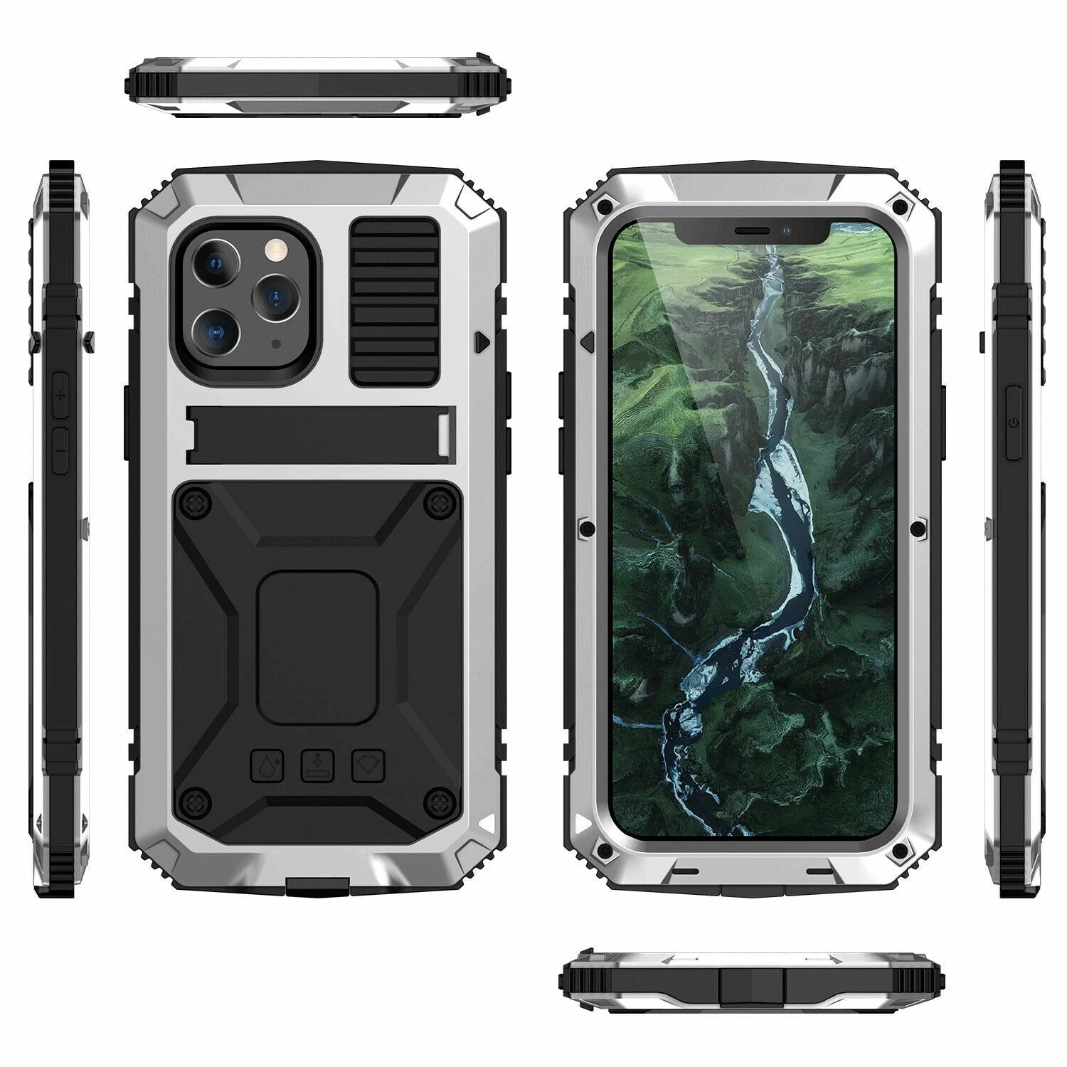 Heavy Duty Armor Metal Screen Glass Stand Case for iPhone 17 Pro Max 16 15 14 13