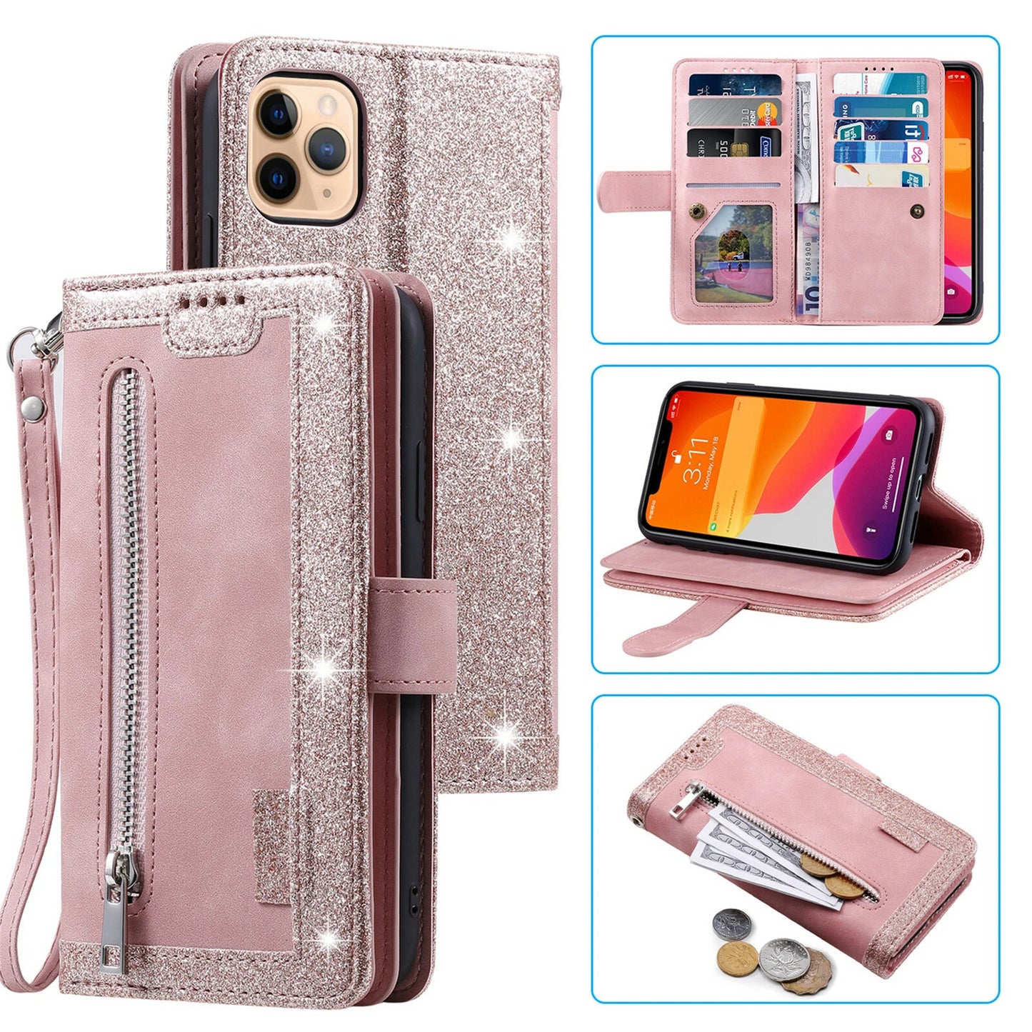 Leather Wallet Case for iPhone 16 Pro Max with Zipper Pocket - RFID Blocking Flip Cover for Women & Men