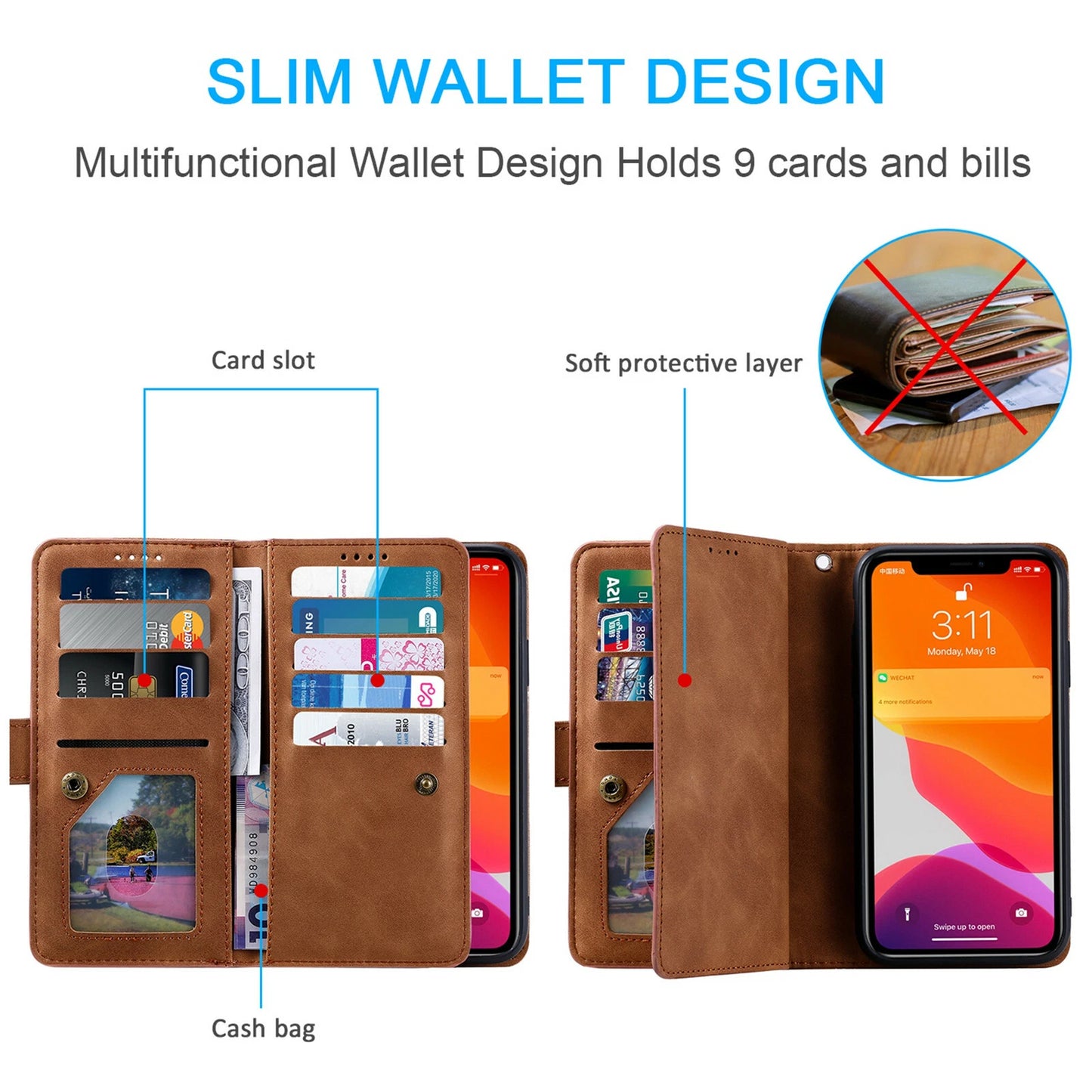 Zipper Leather Wallet Case For iPhone 16 15 17 Pro Max 14 13 12 11 Flip Cover