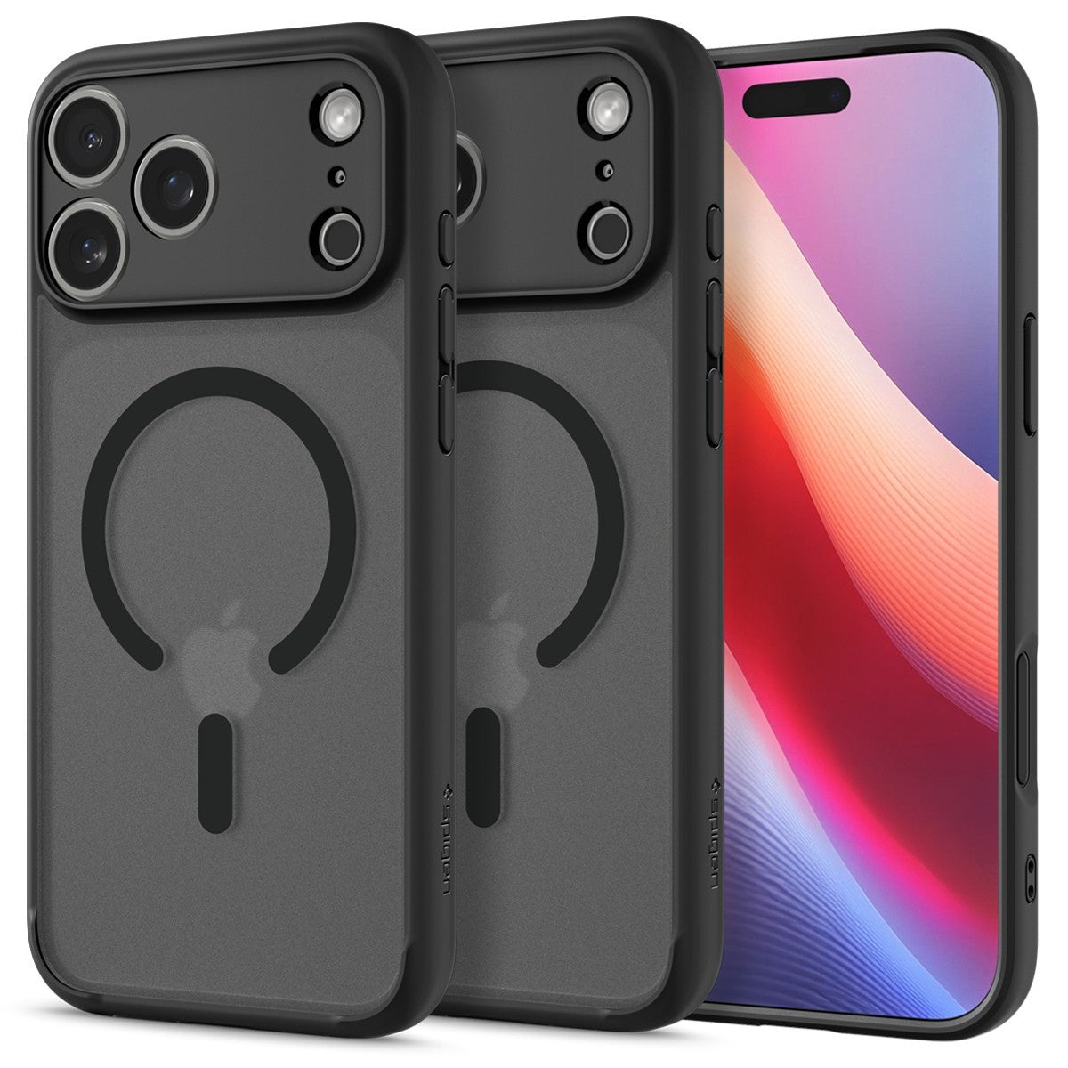 Black Spigen Ultra Hybrid MagFit iPhone 17 Pro Max/Pro case with circular magnetic logo and camera cutout.