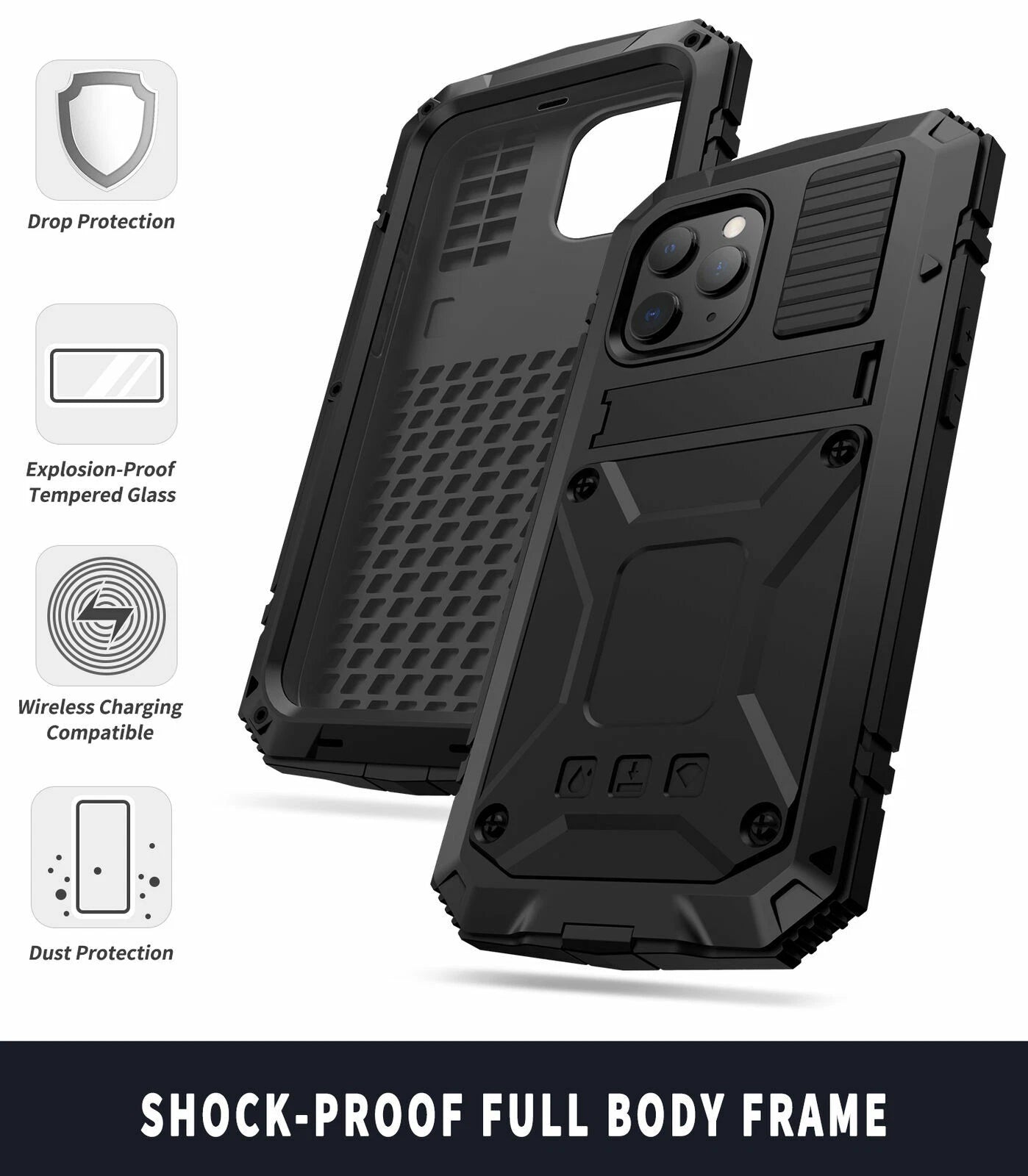 Heavy Duty Armor Metal Screen Glass Stand Case for iPhone 17 Pro Max 16 15 14 13