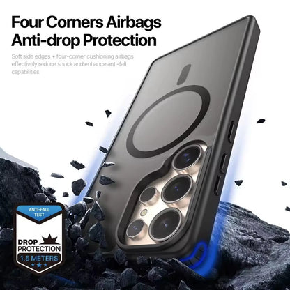 Black frosted Samsung Galaxy S25 Ultra case with four corner airbags, anti-drop protection, and blue anti-fall test badge.