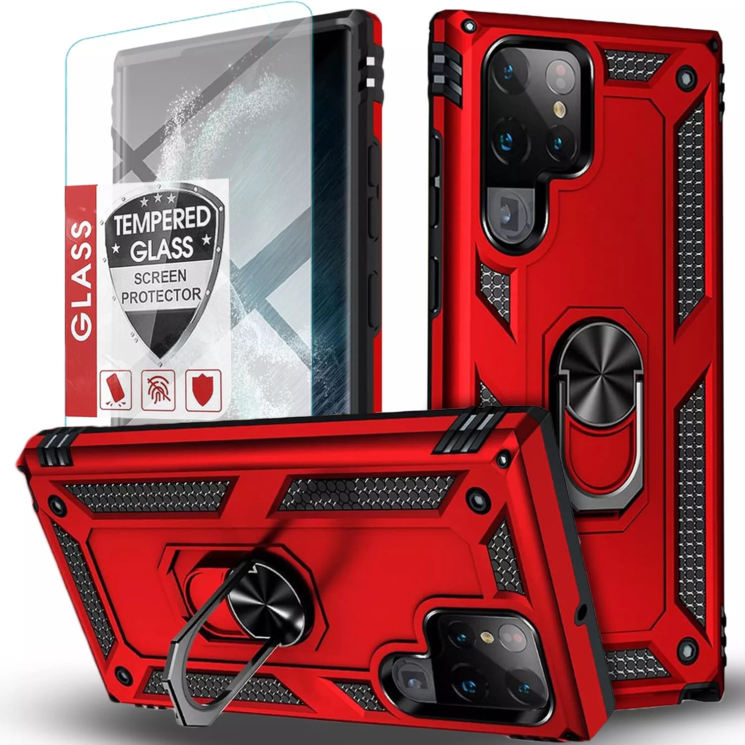 Red Samsung Galaxy S25 Ultra case with black accents, circular grip, and tempered glass screen protector.